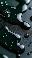 Clear water drops on dark green surface create abstract pattern with light reflections and varied droplet sizes in macro photography.