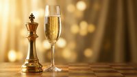 Golden chess king piece beside champagne flute on wooden surface with warm bokeh lights creating luxury celebration atmosphere for success concepts.