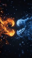 Mystical fire and water elements clash in dramatic composition, orange flames meeting blue waves against dark background with glowing particles and light effects.