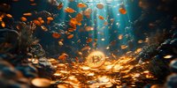Golden cryptocurrency coin underwater with light rays and floating particles, creating magical atmosphere in deep blue ocean environment.