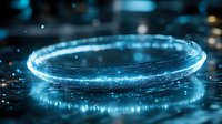 Glowing blue energy ring with sparkling particles and light trails on dark reflective surface creates magical atmospheric effect for technology designs.