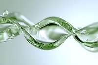 Elegant twisted green glass spiral with water drops creating dynamic flow effect against light background. Suitable for abstract design and luxury branding.