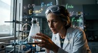 Middle-aged Caucasian female scientist in white lab coat examining flask in laboratory with physics equations overlay on chalkboard background.