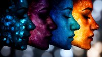 Female profiles in vibrant cosmic colors showing purple, blue and orange face silhouettes with glowing sparkles and ethereal galaxy effects against dark background.