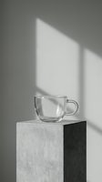 Empty glass cup with handle on concrete block pedestal, minimalist composition with natural window light casting geometric shadows on neutral gray wall background, suitable for beverage, kitchenware and modern lifestyle design projects.