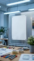 Blank white poster mockup on glass wall in modern creative office workspace with art supplies and plants for design presentation.
