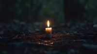 Single lit candle glowing in dark soil against blurred forest background, creating atmospheric mood with warm candlelight and natural elements.