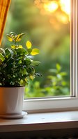 Green houseplant in white pot on windowsill with soft morning sunlight and bokeh effect through window, creating cozy home atmosphere at sunrise.