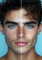 Close-up portrait of young male model with bright blue eyes and freckles on turquoise background showing skin retouching before and after comparison.