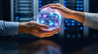 Two hands holding glowing digital globe with network connections in server room environment, representing global technology, data sharing, and digital transformation.