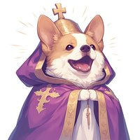 Smiling Corgi dog wearing royal purple religious robe and golden crown with cross. Cute anthropomorphic pet character in ceremonial attire against light background.