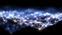 Glowing network connections with geometric triangular mesh pattern floating on dark background with bokeh light effects and blue illumination.