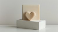 Minimalist composition with cream heart shape on white pedestal against neutral background, creating clean modern aesthetic for romantic design concepts.