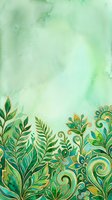 Watercolor mint green background with ornamental foliage border featuring hand-drawn botanical leaves and decorative gold swirls, suitable for invitations, greeting cards, and design projects.