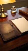 Elegant leather portfolio with blank notepad on mahogany desk beside brass lamp and vintage inkwell for professional writing and business correspondence.