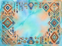 Southwestern geometric patterns frame turquoise watercolor sky with warm earth tones, native inspired borders, tribal designs, perfect for backgrounds, invitations, and creative projects.
