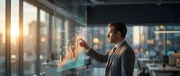 Businessman in suit analyzing financial growth chart on digital display in modern office with city skyline at sunset, representing data analysis and business strategy.