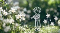 Whimsical line art boy playing flute among spring daffodils in garden setting, creative photography with hand drawn character overlay on natural background.