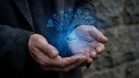 Businessman hands holding glowing digital circuit tree with electronic connections representing technology growth, innovation and sustainable development.