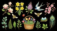 Watercolor spring flowers, plants, insects, and bird isolated on transparent background. Ready for t-shirt design, clipart, stickers, sublimation, print-on-demand products, and digital crafts.