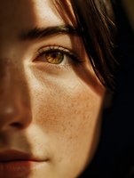 Close-up portrait of young woman with freckles and amber eyes in warm golden sunlight, showcasing natural beauty and skin texture.