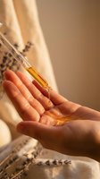 Woman applying golden facial serum oil from glass dropper bottle onto palm for natural skincare routine and beauty treatment.