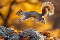 Grey squirrel leaping between rocks with autumn foliage and golden bokeh background, captured mid-jump showing dynamic movement and natural wildlife behavior.