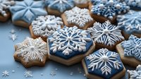 Festive snowflake sugar cookies decorated in white and blue royal icing on dark background. Winter holiday baking with detailed frosting patterns and hexagonal shapes.