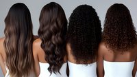 Diverse women showing different natural and styled curly hair textures from straight to tight curls, view from behind wearing white tops against neutral background.