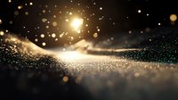 Magical glowing particles floating in dark space with golden light and bokeh effect create atmospheric abstract background for luxury designs and celebrations.