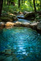 Tranquil forest stream with circular water ripples surrounded by smooth stones and lush green woodland creating peaceful natural meditation scene.