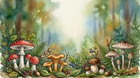 Young girl with light skin tone, wearing a red mushroom hat, surrounded by oversized toadstools and forest flora in watercolor style. Whimsical woodland scene for children's book illustration, nursery decor, and fantasy storybook design.