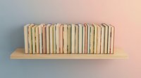 Row of vintage books with cream and beige spines arranged on wooden shelf against gradient blue and pink background. Suitable for library, education, and interior design projects.