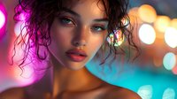 Young mixed race woman with curly hair and bright makeup against colorful neon bokeh background, fashion portrait with vibrant pink and turquoise lighting effects.