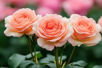 Delicate peach-colored roses in full bloom with soft petals against blurred green foliage and pink background, showcasing garden florals in natural light.