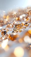 Sparkling amber crystals and diamonds on reflective surface with soft golden bokeh lights creating luxurious jewelry background for elegant design projects.