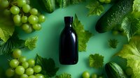 Black bottle surrounded by fresh green grapes, cucumbers and grape leaves on green background. Creative flat lay composition for natural cosmetics or beverage.