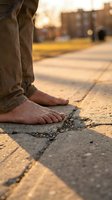 Barefoot person standing on cracked urban pavement with blurred cityscape background, depicting poverty, homelessness, or social hardship in deteriorating neighborhoods.