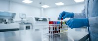 Lab technician in blue gloves handling colorful blood sample tubes in a rack inside a modern clinical laboratory.