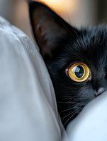 Close-up macro shot of black cat's bright yellow eye peeking through white bedding, showing mysterious and curious feline nature in soft natural lighting.