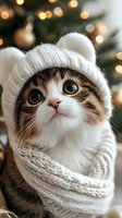 Adorable tabby cat wearing white knitted winter hat with ears and scarf against Christmas tree lights background, looking up with big expressive eyes.