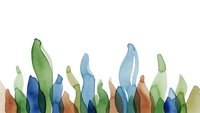 Abstract watercolor leaves in blue, green and orange tones creating organic botanical border on white background for nature-inspired designs.