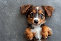Adorable Australian Shepherd puppy with tricolor coat lying on gray surface looking up at camera with expressive brown eyes and fluffy ears.