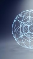 Glowing wireframe sphere with interconnected lines and nodes on gradient background for technology and network concepts.