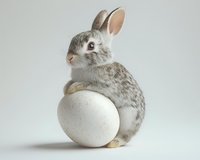 Adorable gray and white bunny rabbit sitting with large white egg on light background, isolated studio shot for Easter holiday designs and greeting cards.
