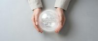 Professional hands holding transparent glass sphere with global network connections for business technology and innovation concepts.