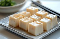 Fresh silky tofu cubes arranged on glass plate with chopsticks, traditional Asian cuisine ingredient for healthy cooking and vegetarian meals.