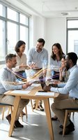 Diverse team of five professionals collaborating around wooden table with digital holographic interface overlay, discussing data visualization and technology solutions in modern office space.