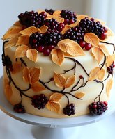 Elegant cream-colored cake decorated with golden autumn leaves, fresh blackberries and cranberries on top, with chocolate branches creating natural vine pattern.