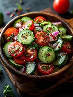 Fresh cucumber tomato salad with red onion and herbs in wooden bowl, garnished with black pepper and dill, served on dark rustic background.